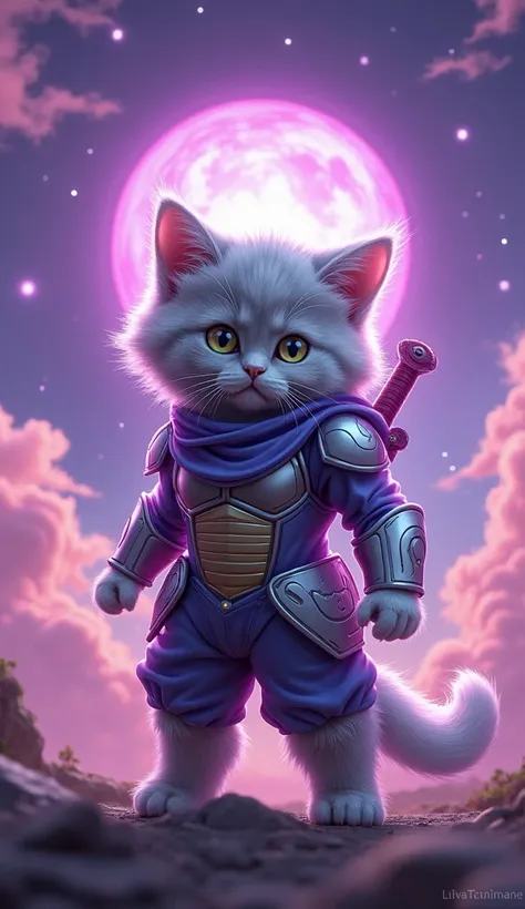 A fluffy grey kitten dressed as  future Trunks from Dragon Ball  stands like a human and purple hairy super saiyan and star seven dragonball background pink flying out space