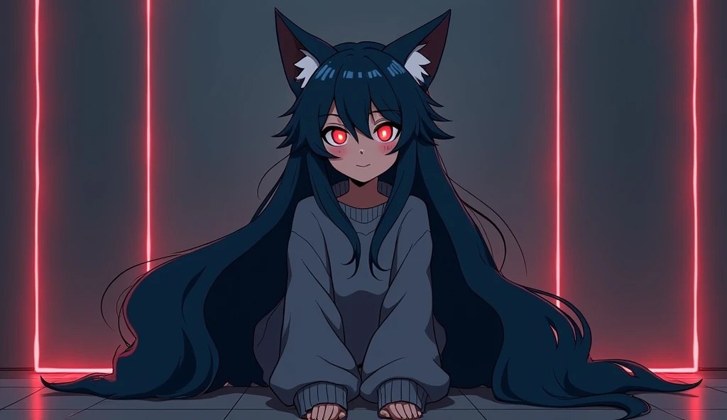 Female, Mobian, Fox, ((())), (((2D Anime Style))), (solo), (1girl), high quality digital art, red and black neon lines sketch art, a dark blue furred female anthropomorphic Fox, has glowing red eyes, (((dark blue fur))),  (ish smiling), open mouth, (((VERY...