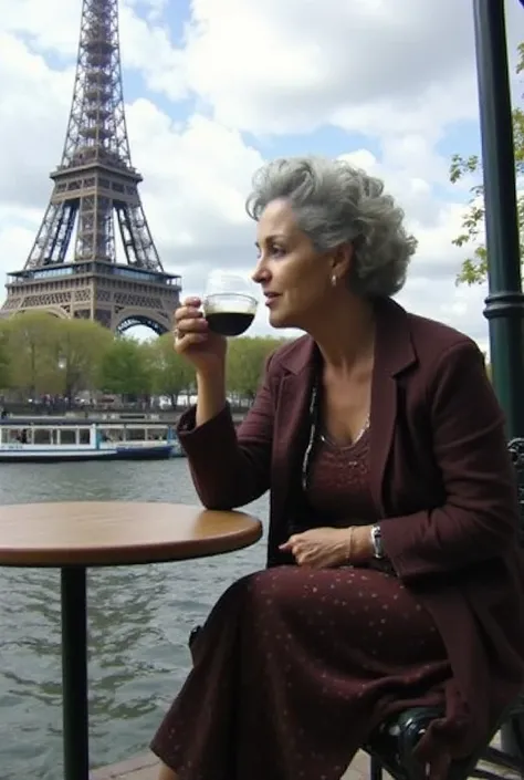 a very old woman. Beautiful lady drinking coffee. Cafes in Paris. Eiffel Tower in the background