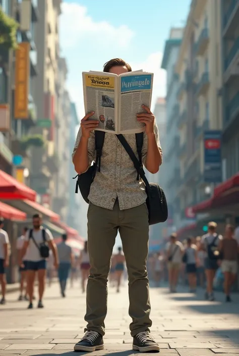 I want an image of a man with a tourist style reading a magazine in the middle of the city but who covers his face with the sheets of the magazine