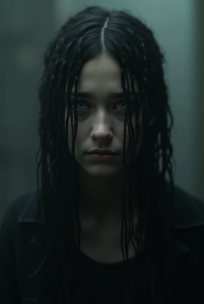  Create a new 18-year-old ,  hair with poorly finished braids,  green-eyed, Silent Hills style . Photo from the waist up leaves a little darker and more realistic gray background 