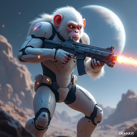  Generate the image of an anthropomorphic albino chimpanzee ,  wearing a galactic special forces suit ,  with an assault rifle in his hands with a very futuristic design,  with a very detailed and stylized design ,  style wallpaper ,  many special effects ...