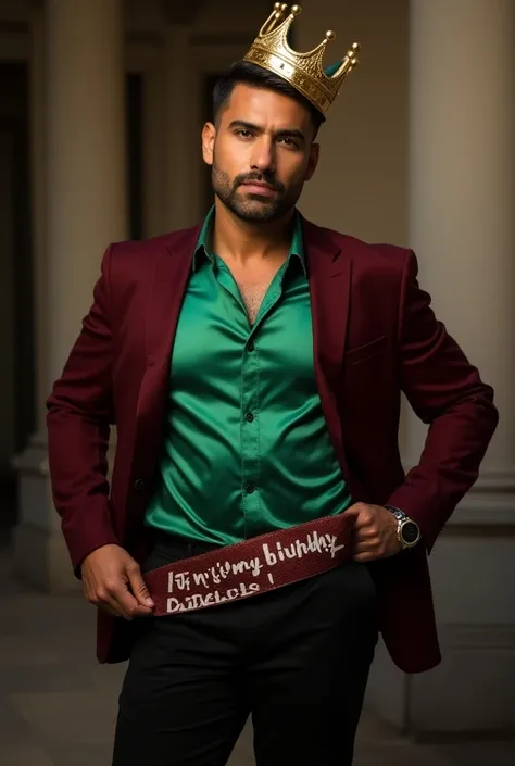 40-year-old Latino man . Without Beard, using:
 Bordeaux blazer .
 emerald green shirt ,  in satin for that chic touch .
 Classic black pants .
 Kings crown on the head .
 Band that says  " its my birthday b !tch3s ",  giving it that sassy and fun touch.