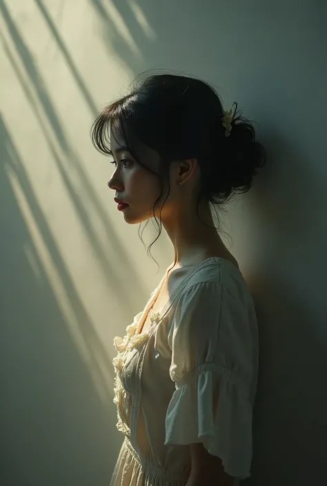 there is a woman standing against a wall with her head turned, soft light from the side, anime. soft lighting, beautiful soft lighting, portrait soft light, by Zhang Han, beautiful  girl, backlit portrait, soft portrait shot 8 k, portrait soft low light, s...