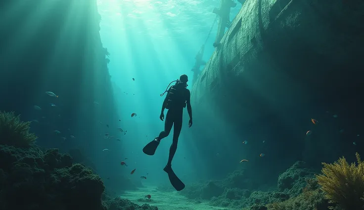 a beautiful deep sea diver exploring an underwater shipwreck