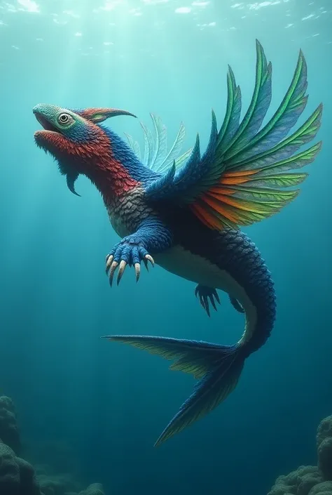  A unique creature with the aerodynamic and robust body of a shark ,  but covered in colorful feathers like those of a macaw .  Its tail is that of a shark , strong and sharp ,  while its dorsal fins have been transformed into macaw wings ,  shining with v...