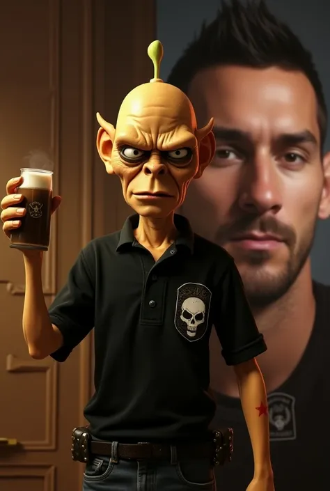 Sid bad boy from Toy Story wearing black polo with a skull and drinking Argentinian mate in a porn with Messis face