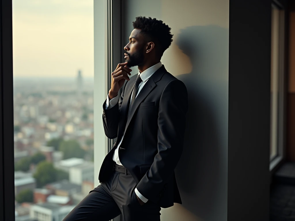 Introspective Look** – Black American with suit whole body Leaning against the window, looking out thoughtfully, one hand on the chin. 
