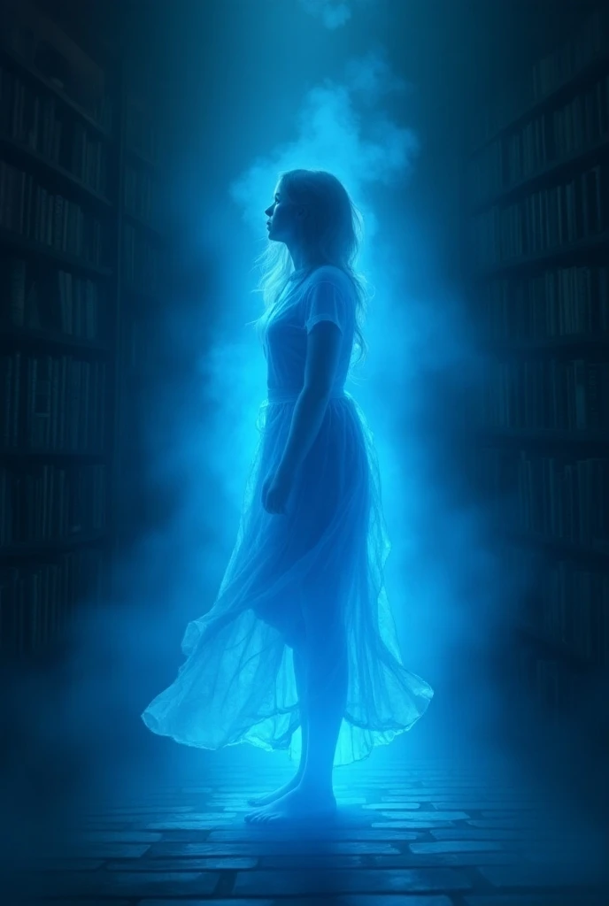  a blue soul ,  with the silhouette of a young woman, with a teenage girl in a library