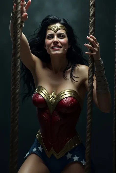  Show me an image of Wonder Woman locked in a cage.  Its impossible to escape this cage. Wonder Woman asks for help, with tears in her eyes. Wear tight shorts . 