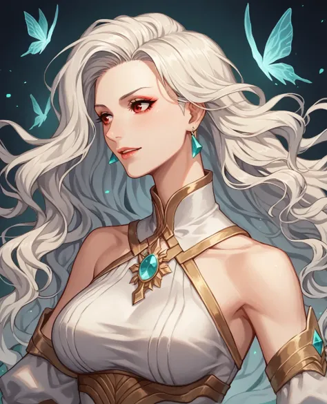 

She has long, flowing white hair that cascades down her back like a shimmering waterfall, catching the light and giving off an ethereal glow. Her striking red eyes stand out vividly against her pale complexion, exuding an air of mystery and intensity. He...