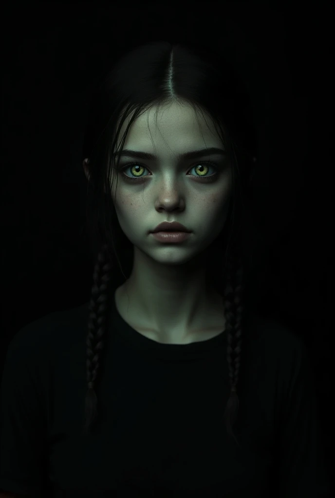  Create a new 18-year-old ,  hair with poorly finished braids,  green-eyed, Silent Hills style . Photo from the waist up with the background all black