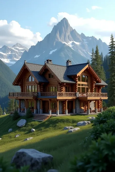 close up of a house on a hill with a mountain in the background, integrated in the mountains, stunning nature in background, incredibly high detailed, beatiful house, epic and stunning, peaceful wooden mansion, highly realistic unreal engine, beautiful ren...