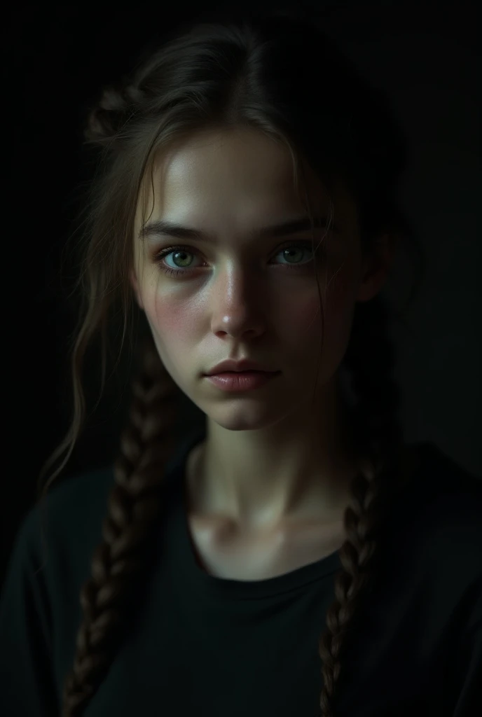  Create a new 18-year-old ,  hair with poorly finished braids,  green-eyed, Silent Hills style . Photo from the waist up with the background all black make it more realistic