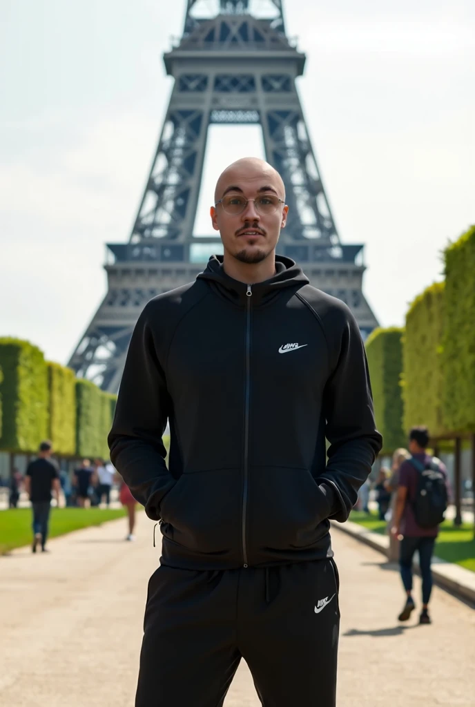 highly realistic, high-definition image of a 25-year-old bald man, 175 cm tall and weighing 75 kg, standing in front of the Eiffel Tower in Paris, facing the camera with a calm, confident expression. He is wearing a black Nike tracksuit, consisting of a zi...