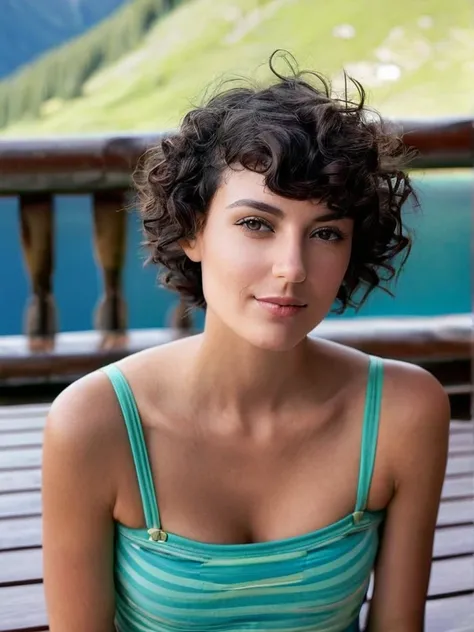 Young slim latina woman with curly dark chocolate hair in a pixie buzz cut feminine features, medium size natural boobs, sunbathing at an Alpine resort