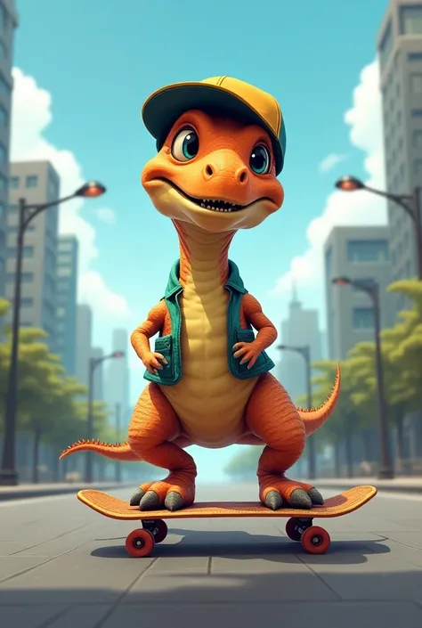 Dinosaur with a cap and a skateboard 
