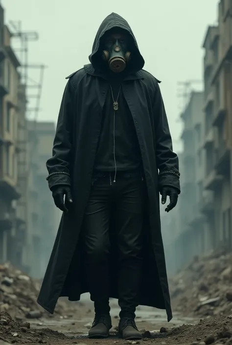 Tall young man wearing a gas mask and black hood who looks like he lives in a destroyed world
