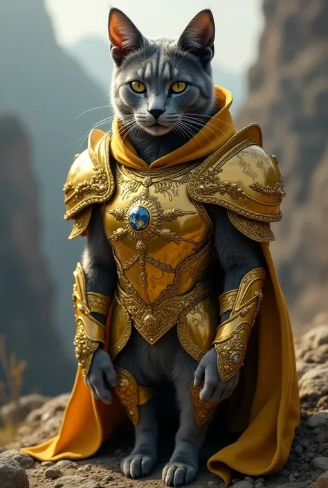 Gray cat in golden armor .  decorated with diamonds and precious stones