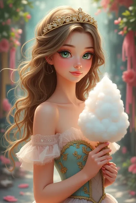 , s ,  green-eyed, white pele,  long hair wavy light brown, dress, tiara,  holding cotton candy text  " Alices Party "  colorful toy background , drawing style