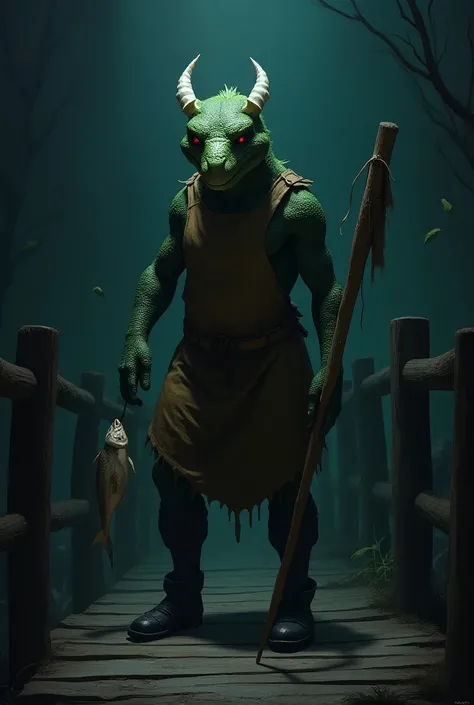  reptilian creature with green skin .  He wears a medieval brown apron and black boots .  The creature has a long, pointed nose , red eyes, and white horns on its head .  He is holding a wooden club in his right hand. He has a fish in his left hand.  The b...