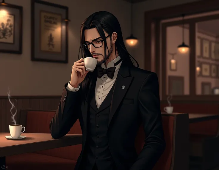 Anime Stlye, long hair, black hair, butler suit, male, beard, scenary coffe shop, black glasses