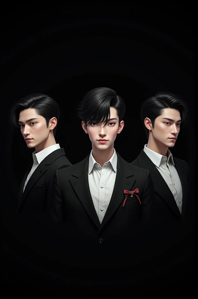  The image shows three male characters with black hair, wearing black suits and white shirts, standing side by side against a black background. Each character has distinct facial features and is looking in a different direction. The character in the middle...