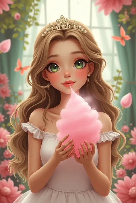  small,   s ,  green-eyed, white pele,  long hair wavy light brown, dress, tiara,  holding cotton candy text  " Alices Party "  colorful toy background , drawing style