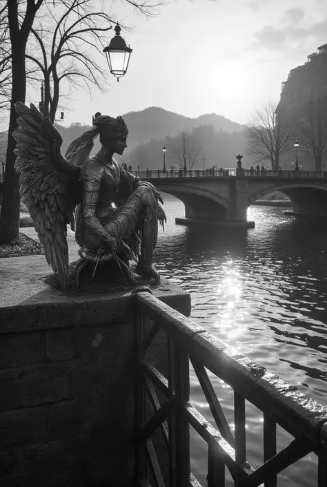 the black and white photograph depicts a serene scene of a female angel sitting on the railing of a bridge, gazing contemplative...