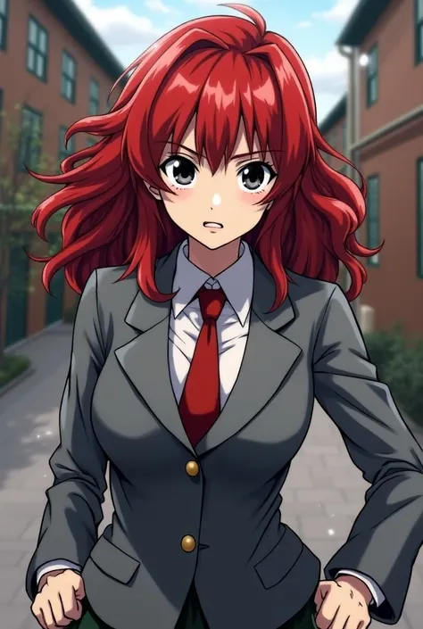 My Hero Academia manga style
Woman red hair wavy black eyes dress uniform gray red tie