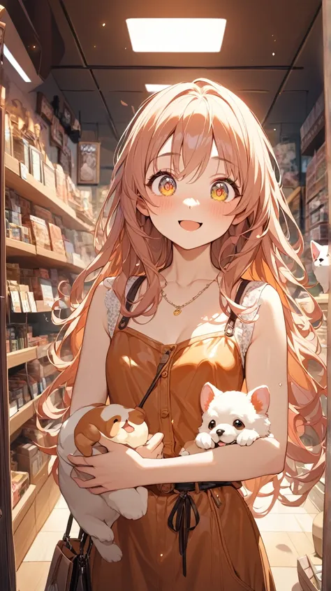 A girl、a happy look、bright eyes、 long, smooth hair 、Casual clothing、cheerful posture  、soft leather、 small breasts、  puppy in hands  、  with a surprised face
Brilliant Sun  、( Light inside the store  :1.3)、 warm colors 、lively atmosphere、sombras suaves、 Fu...