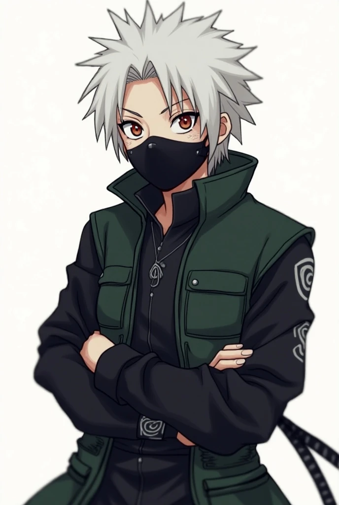  Create a character with these characteristics
has strong traits , light skin,  and a deep and serious look . your white hair, typical of the clan ,  is wavy and falls to the shoulders .  He wears them loose ,  a ninja band to keep the wires away from the ...