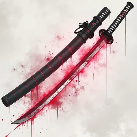 I make a  " Japanese katana "With a blood-red blade with a red vapor coming out of it with a black handguard with old white bands on the handle of the sword and its name is " crystalline bloody linen " your sheath is black with red lines in various differe...