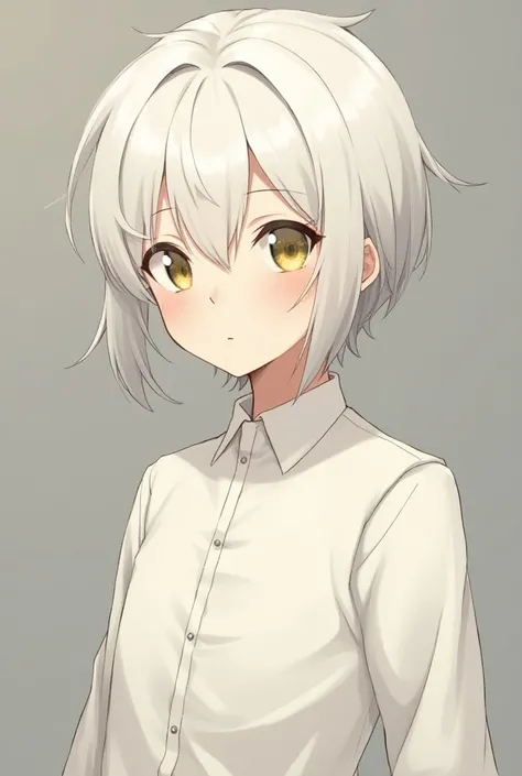  adolescent male character with a soft and peaceful appearance ,  straight and short white hair ,  with a soft silver tone . your skin is white, clear and delicate ,  and her yellow eyes ,  although shiny ,  has a soft glow that transmits a sense of sereni...