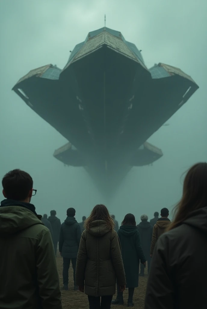 People looking at a ship in the sky.  Make this image dark and realistic 