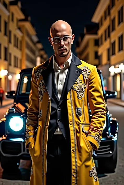 A highly realistic, high-definition image of a 25-year-old bald man, 175 cm tall and weighing 75 kg, standing confidently in front of a Mercedes G-Wagon in Baden-Baden, Germany, at night. He is wearing a stylish Carlo Colucci outfit featuring a yellow and ...