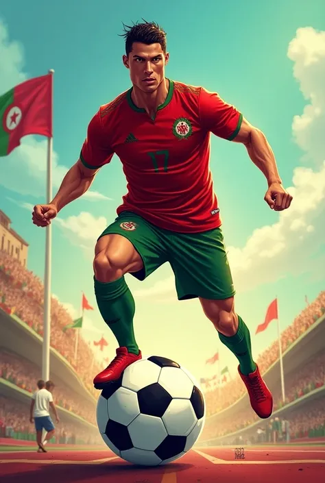 A picture of Cristiano Ronaldo wearing the Algerian national team and riding a soccer ball 