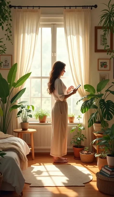 Someone arranging their environment ,  by decorating with plants or placing significant objects,  showing how the environment influences well-being .