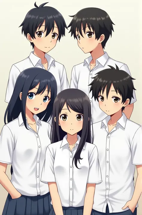  6 students posing , 2 black-haired girls ,  3 black-haired boys wearing white shirts 