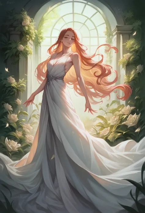 a beautiful young woman in a serene garden, long flowing dress, graceful pose, mystical atmosphere, cinematic lighting, fantasy art, digital painting, highly detailed, photorealistic, 8k, award-winning