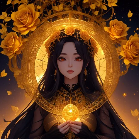 a golden cobweb with golden roses, ((No characters)) a dark night background and a galaxy.  3d anime style 