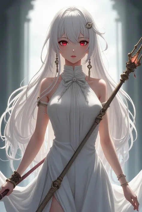 Fantasy anime style, adult woman, long white hair  , red eyes,  sleeveless white dress with high collar , bracelete,holding a Staff,long earrings