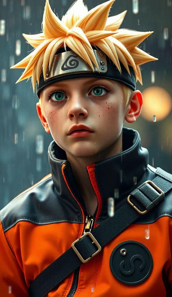 naruto uzumaki, age 16, portrait from chest to hips, wearing orange and black jacket with zipper, ninja tool pouch, young ninja ...