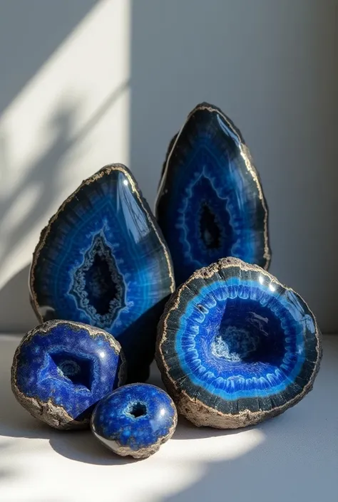 A display of raw  semi-precious stones, such as Black Agate and lapis lazuli, with each stone highlighted in natural light.