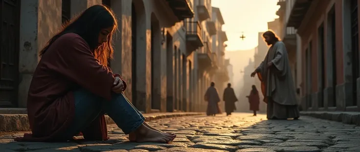 A brunette sits in the middle of the old street and cries,  Its dawn and people are going to work. Jesus reaches out with a compassionate look .