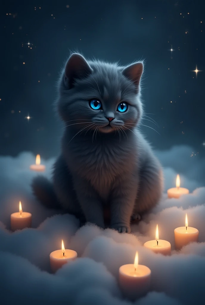 Chat gris foncé
Yeux bleus
Assis sur nuage
Bougies
Etoiles