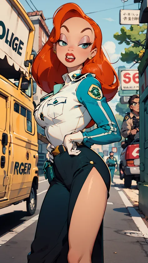 masterpiece, best quality,
1girl, jessicaranger, orange hair, long hair, green eyes, white gloves, lipstick, makeup, police unif...