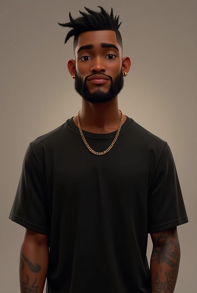  Create a medium bearded black man with very short hair on top and fade on the sides, with gold chain and tattoos on arms and neck , Wear a black t-shirt on the Disney Pixar model 