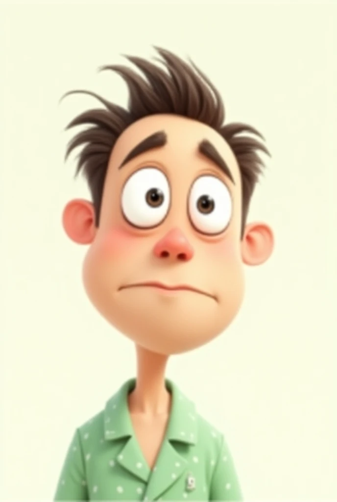 A funny caricature of a male face with eyes in a spiral or crossed, showing a totally confused expression. He has a small tuft of hair sticking up, and the design uses pastel tones, such as light green. He’s wearing playful pajamas, and the overall style s...