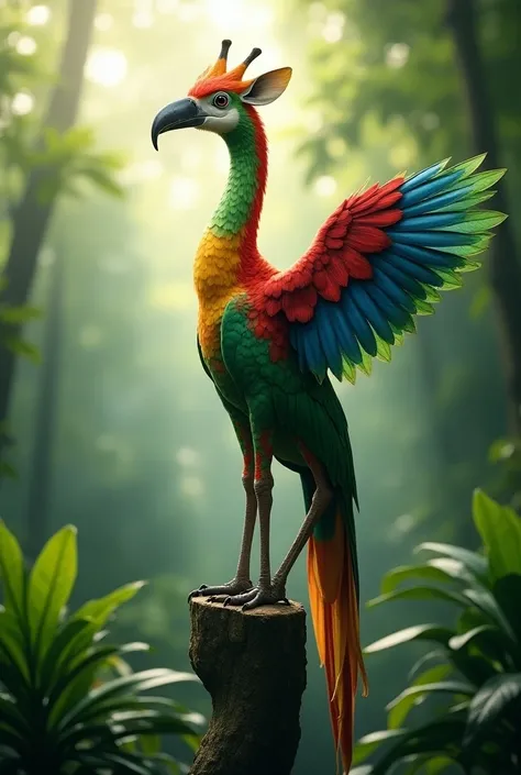  A majestic creature combining the characteristics of a macaw and a giraffe, in a jungle environment.  The body is slender and tall like that of a giraffe ,  with a long and elegant neck ,  covered by bright and multicolored feathers ,  that resemble those...